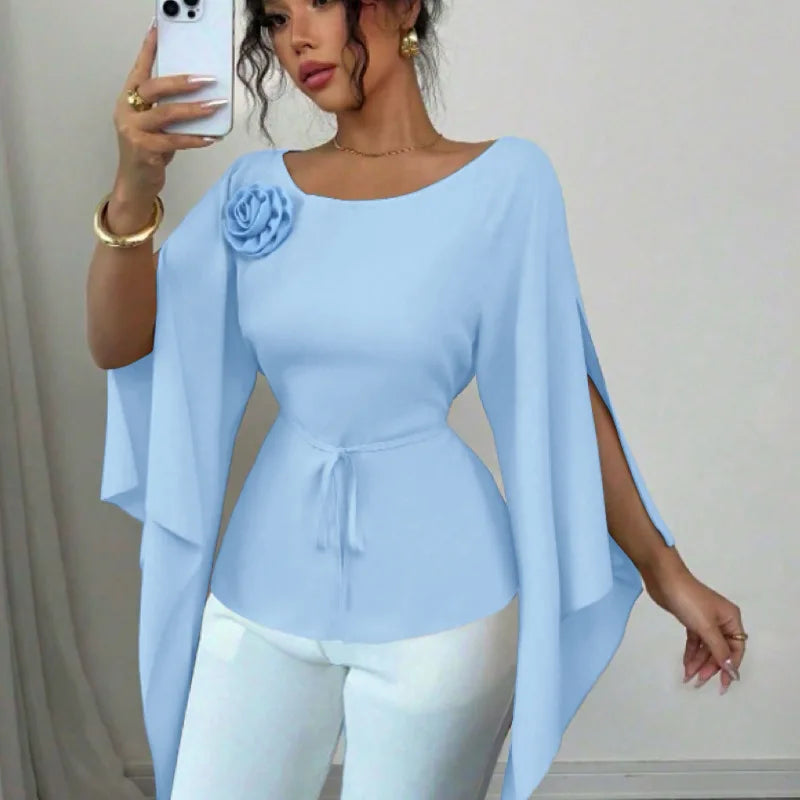 Showlu women's autumn long sleeve waist shirt with slit and slash neck, elegant design, perfect for stylish fall outfits