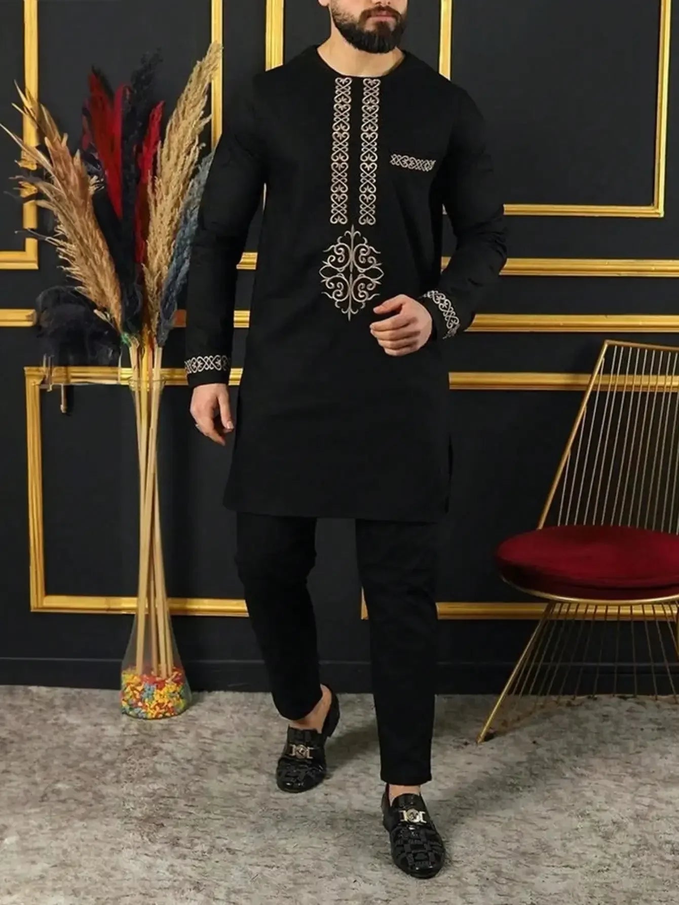 SHOWLU Men's African Kaftan tracksuit with embroidered design, featuring a 2-piece set in vibrant fabric and traditional style.