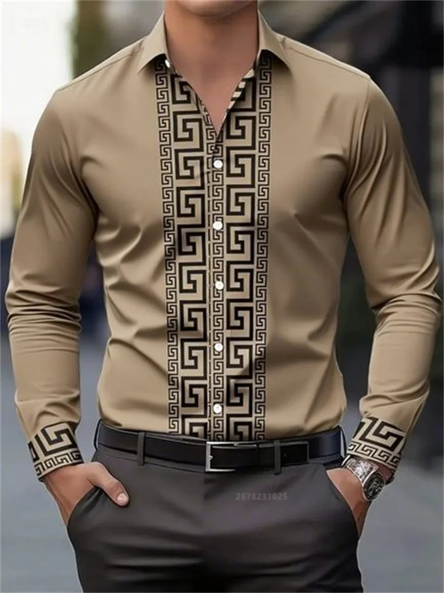 Men's long-sleeved patterned shirt with lapel buttons, casual and comfortable top by Showlu Fashion Store
