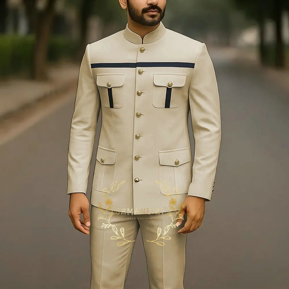 Elegant white men's wedding suit with stand collar, single-breasted jacket, matching pants, suitable for formal parties and groom attire.
