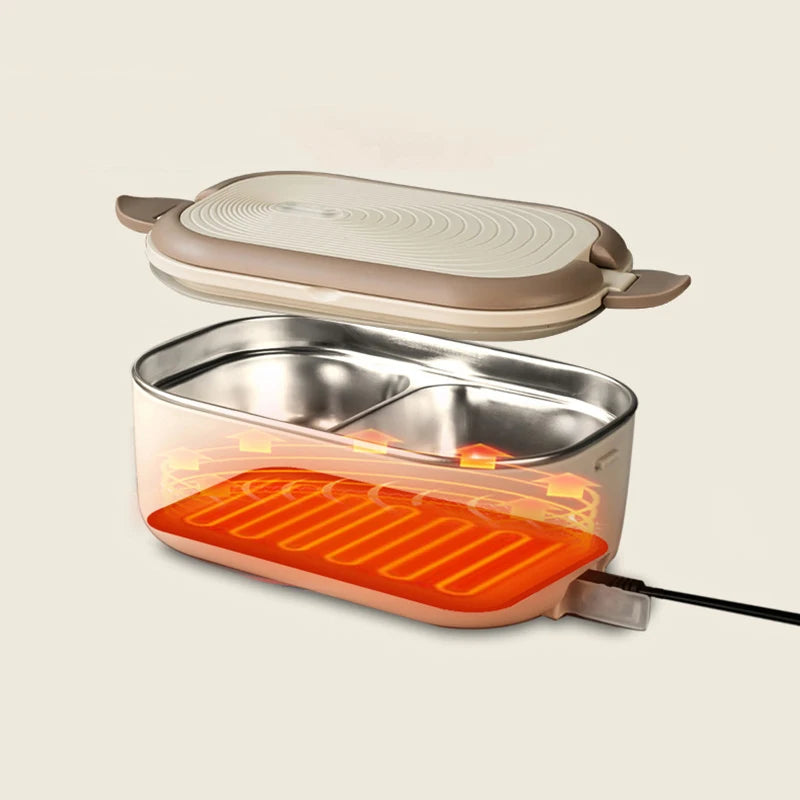Portable electric lunch box with stainless steel compartments, 220V/110V EU US plug, and carrying bag for office food heating.