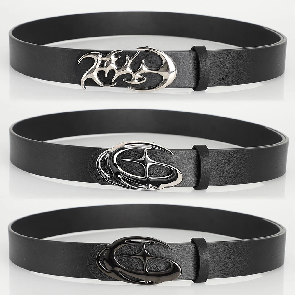 Stylish geometric alloy needle buckle punk belt for men and women, featuring a neutral waist design with trendy fashion details.