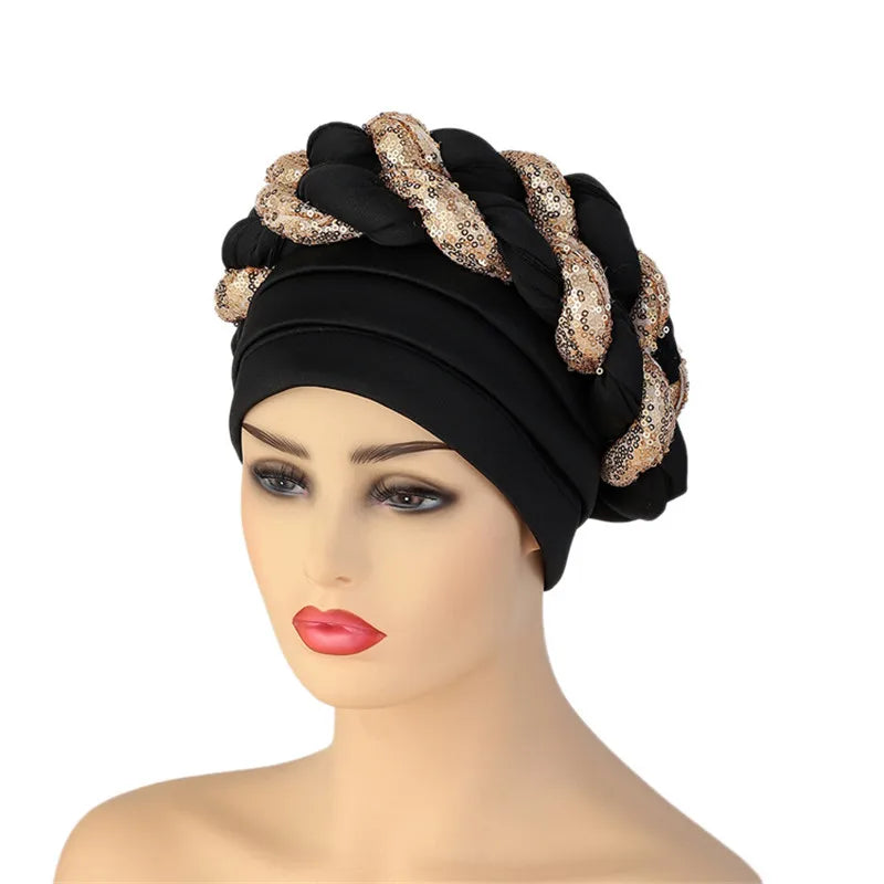 Sequins Braid Turban Cap for women African autogele Headtie