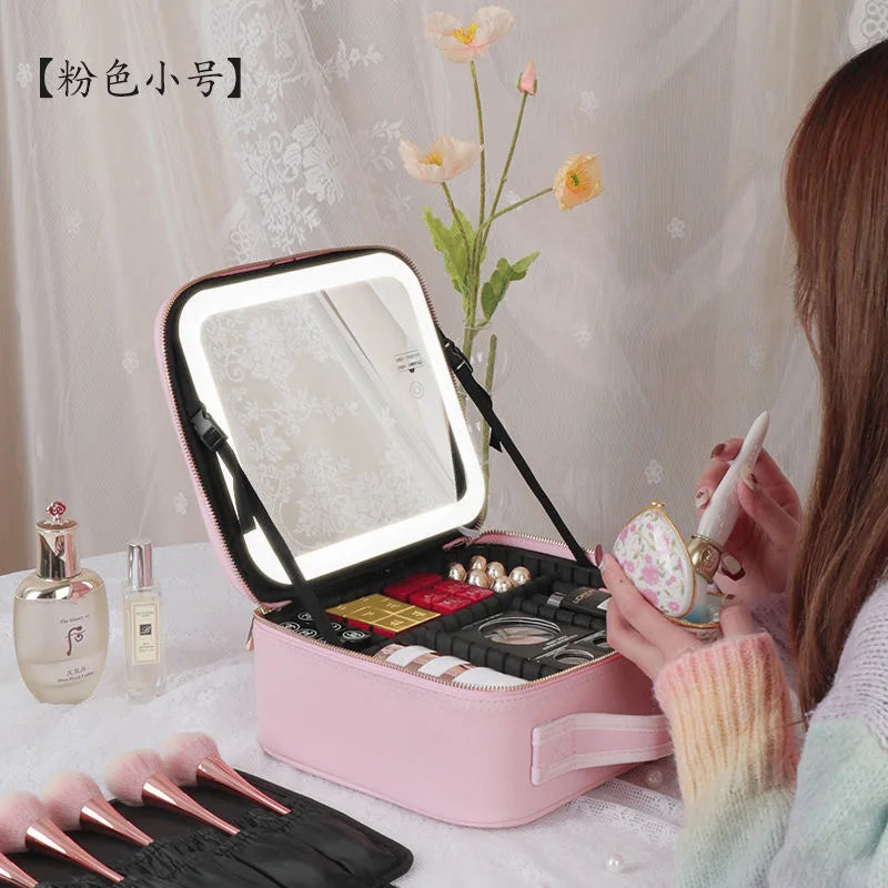 Showlu LED lighted cosmetic case made of waterproof PU leather, featuring interior compartments for makeup and beauty essentials.