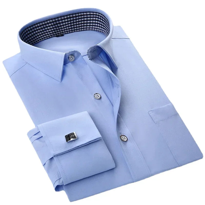 White men's dress shirt with French cufflinks, long sleeve, slim fit, ideal for tuxedo and formal occasions.