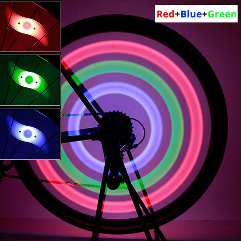 Showlu Smart General bicycle spoke LED wheel light flashing on a bike tire, enhancing visibility and safety during night rides.