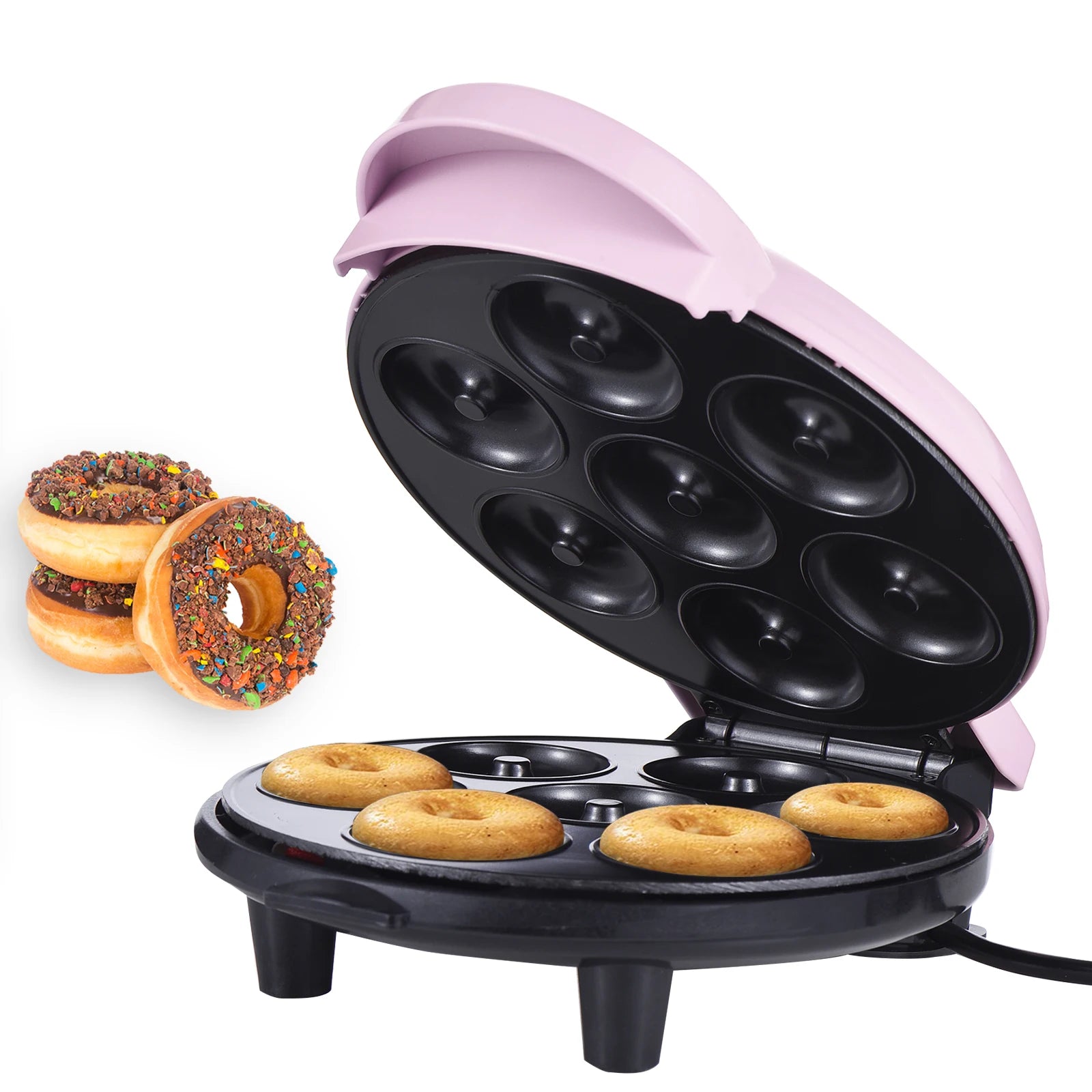 Homgeek 7-hole mini donut maker by Showlu Smart General, showing the black appliance with seven donut molds on a kitchen countertop.