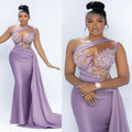 Lavender one-shoulder mermaid evening gown with beaded lace details from SHOWLU FASHION STORE, showcasing elegant design and fitted silhouette.