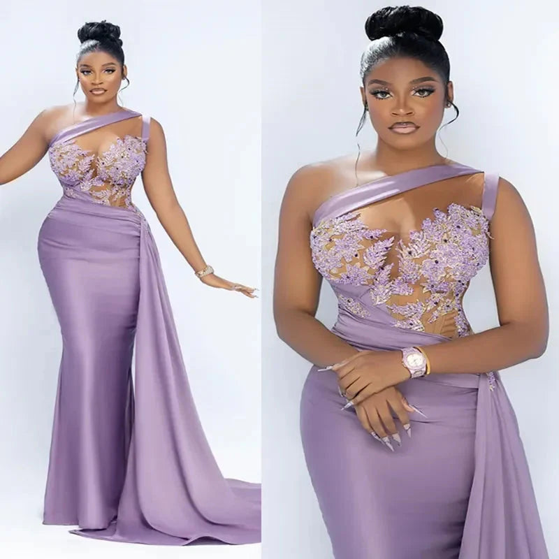 Lavender one-shoulder mermaid evening gown with beaded lace details from SHOWLU FASHION STORE, showcasing elegant design and fitted silhouette.