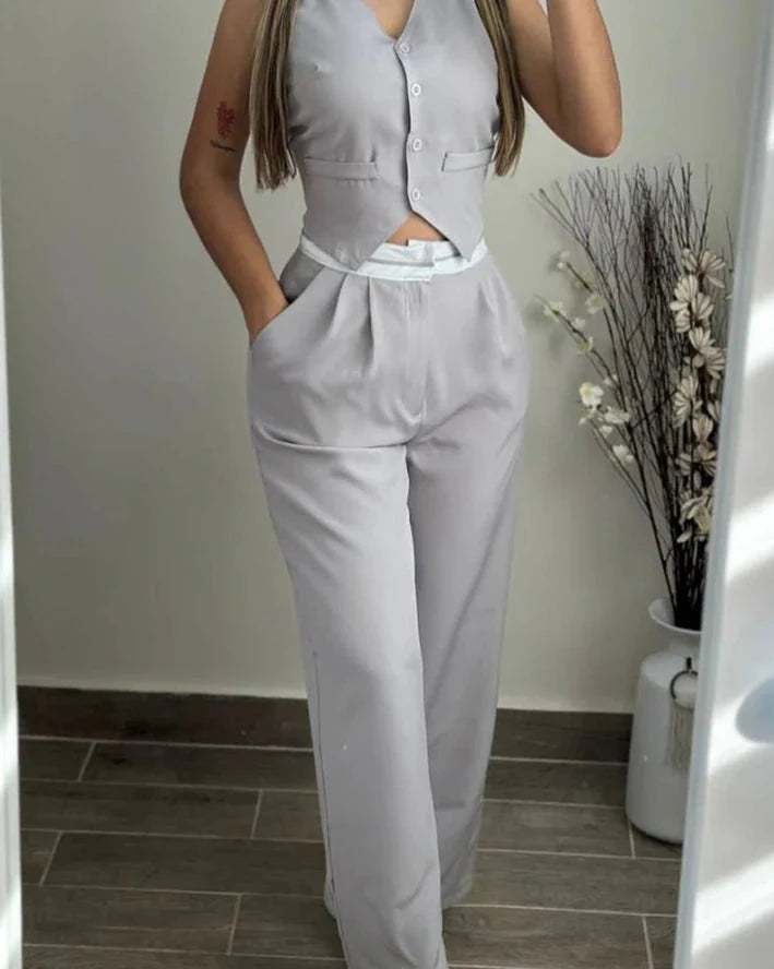 SHOWLU Women's two-piece set with V-neck buttoned vest and pocket pants, stylish and comfortable fashion ensemble.