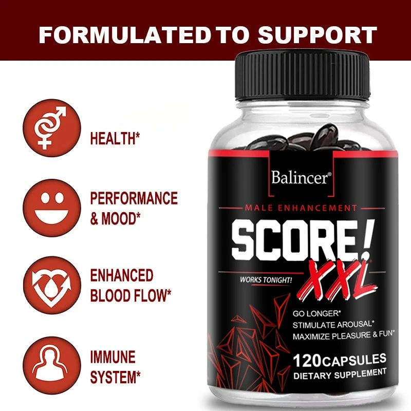 Balincer Score XXL nitric oxide supplement bottle with L-Citrulline, Maca, and Tribulus for muscle building and endurance.