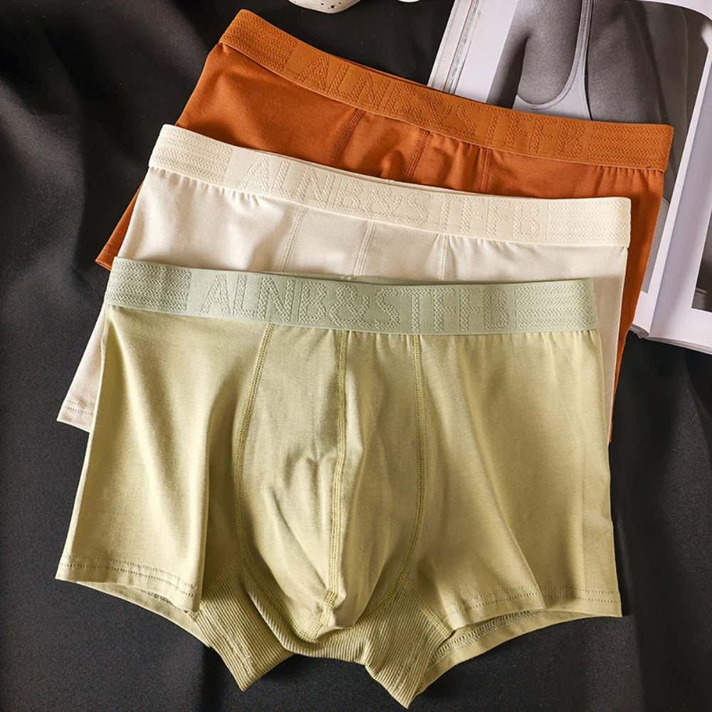 Three pairs of men's cotton antibacterial boxer briefs with breathable U pouch, double-layer design, and hygroscopic fabric from Showlu Fashion.
