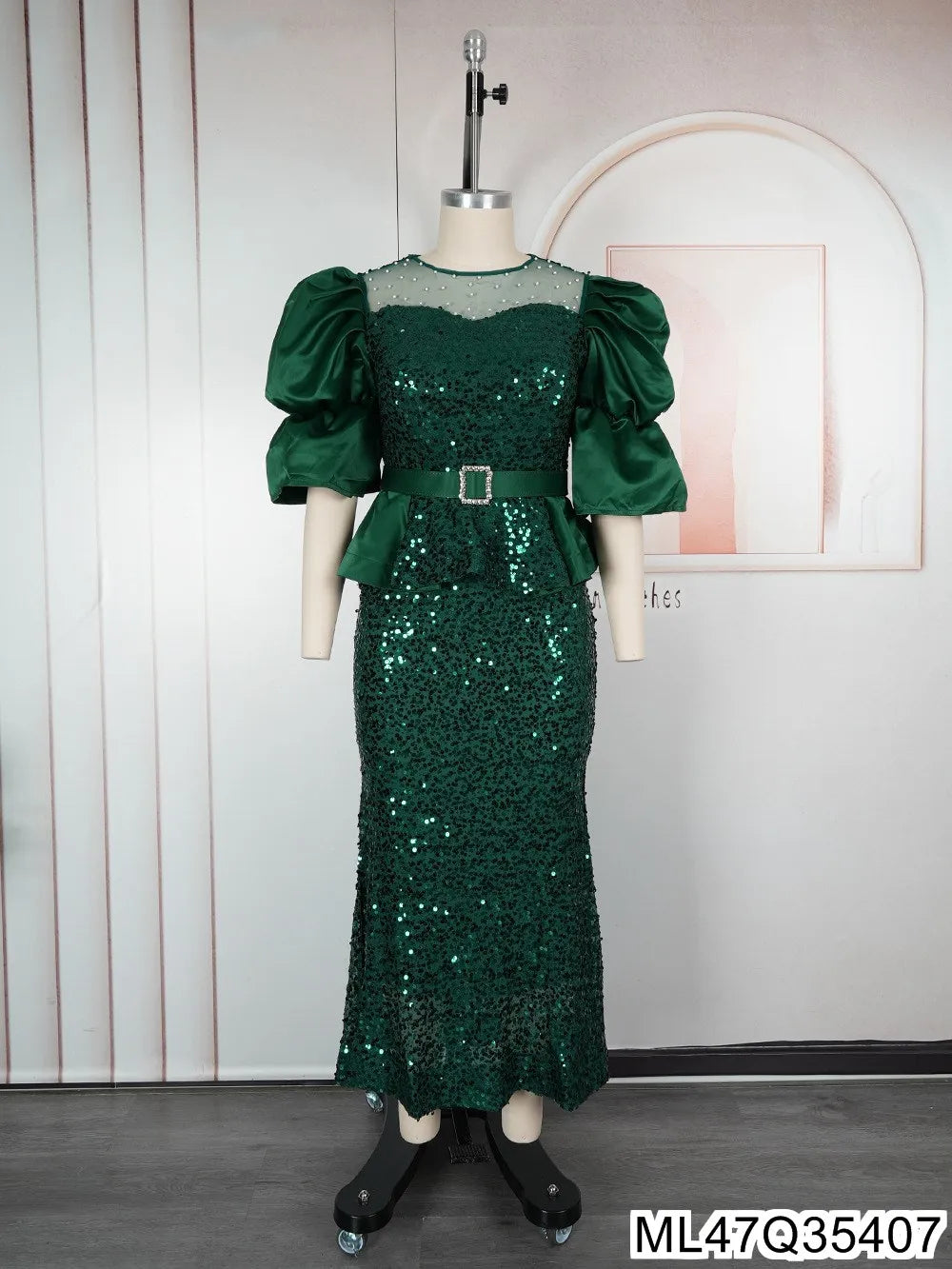 Plus size high-waisted fishtail evening dress with heavy sequins and elegant design, perfect for parties and formal events.