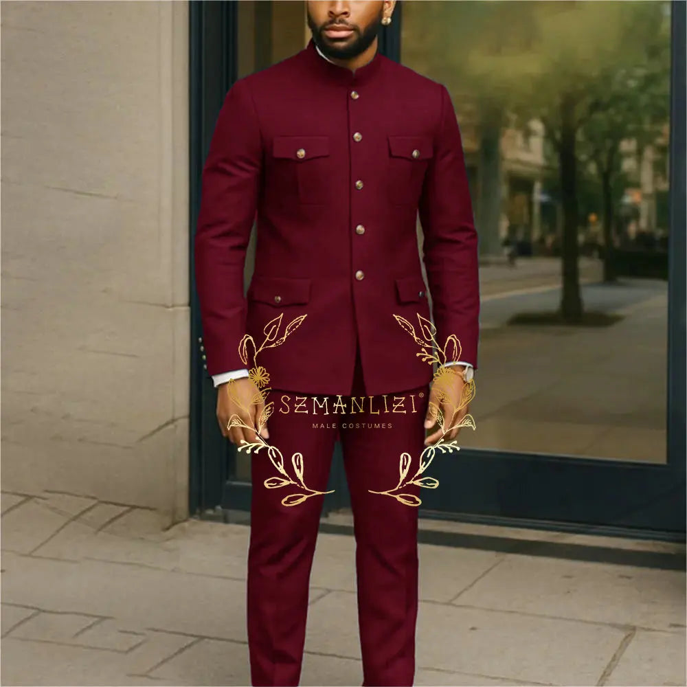 White stand collar men's suit jacket and pants set with single-breasted blazer, ideal for business, groom, or wedding attire.