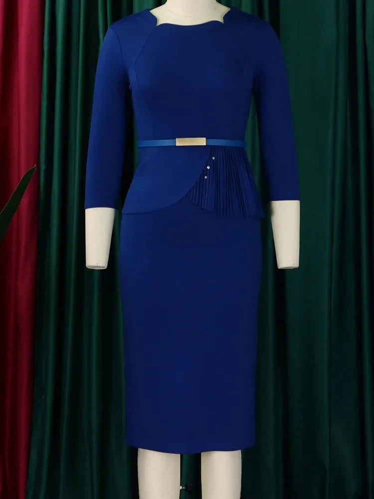 Elegant plus size women's midi dress by SHOWLU FASHION with 3/4 sleeves and a pencil silhouette, perfect for stylish occasions.