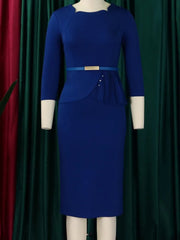 L-3XL Plus Size Elegant Midi Dress 2025 Spring Summer Women Office Lady Dress Casual 3/4 Sleeve Bandage Robe Oversize Dress SHOWLU FASHION STORE