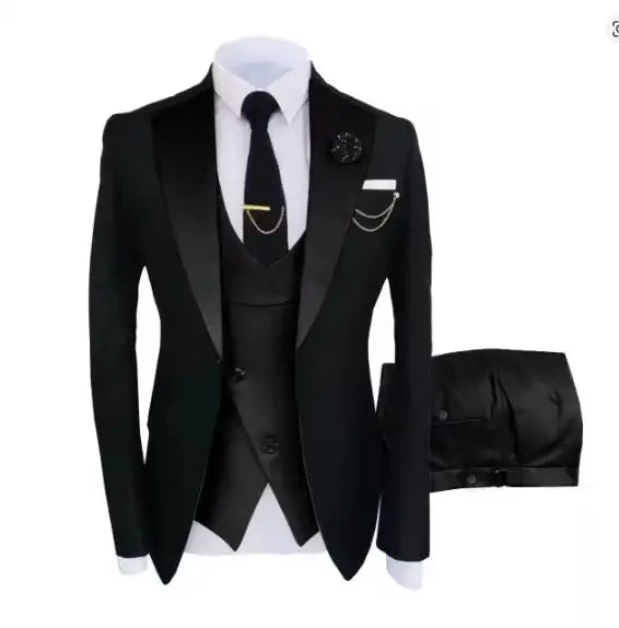 Men's luxury tuxedo suit by Showlu Fashion, including jacket, trousers, and vest, ideal for parties and formal events.