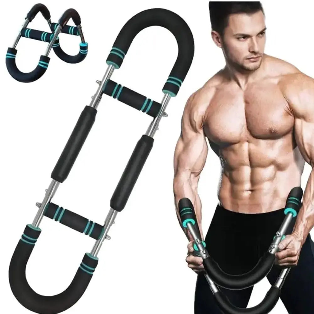 Showlu stainless steel adjustable chest and arm trainer fitness tool with handles for strength and muscle building workouts.