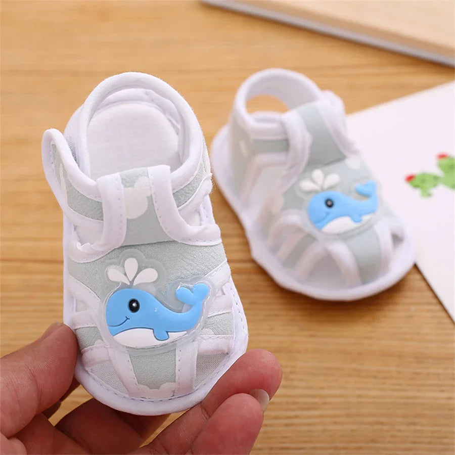 Cute cartoon non-slip baby sandals for toddlers from Emmababy First Walkers, featuring colorful designs and soft, comfortable straps.