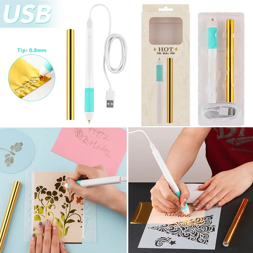 Showlu Smart General USB Hot Foil Pen 0.8mm DIY craft tool with a sleek design and replaceable foil tip for detailed foil applications.