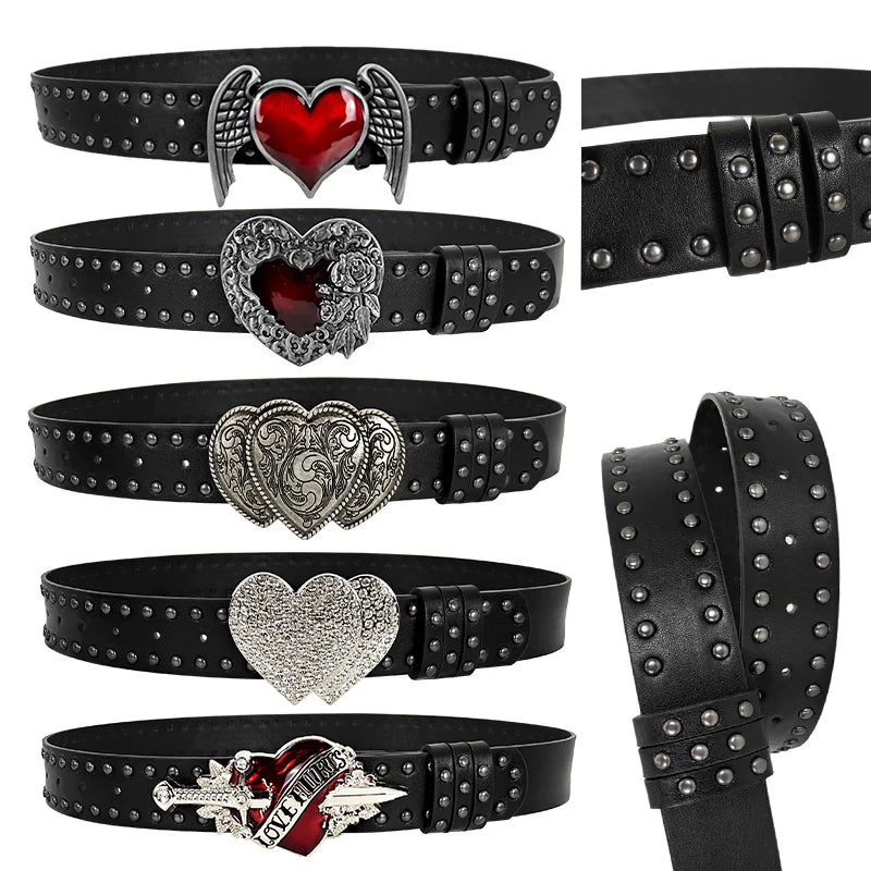Unisex black leather belt with red heart Gothic design and silver rivets, Y2K fashion accessory for women and men.
