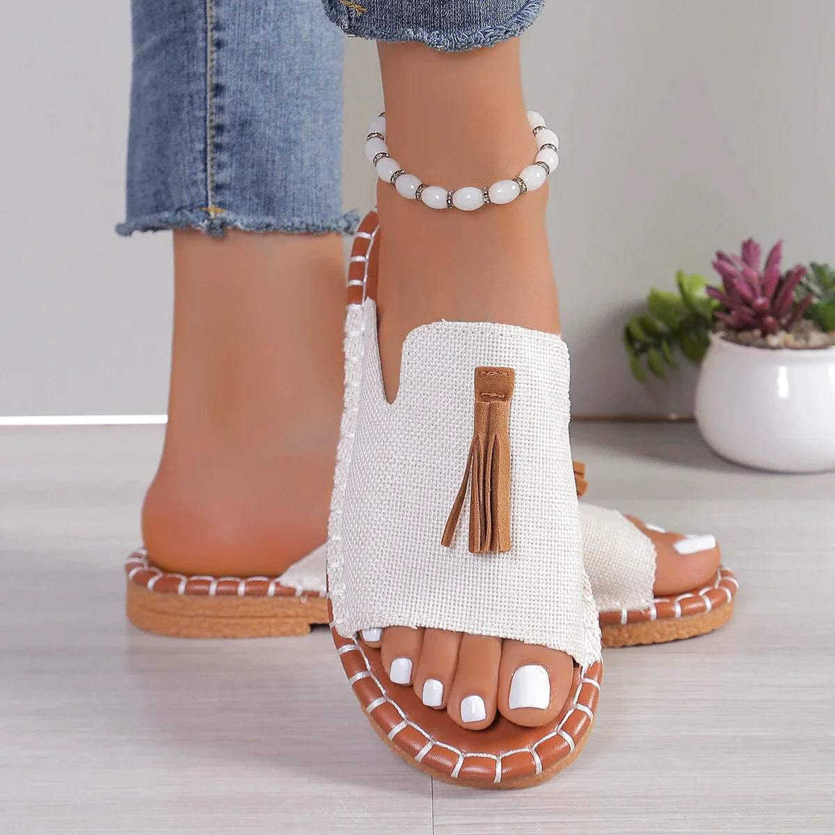 Women's Fringe Canvas Slides by SHOWLU FASHION STORE, casual summer beach flat sandals with fringe detail and comfortable flat sole.