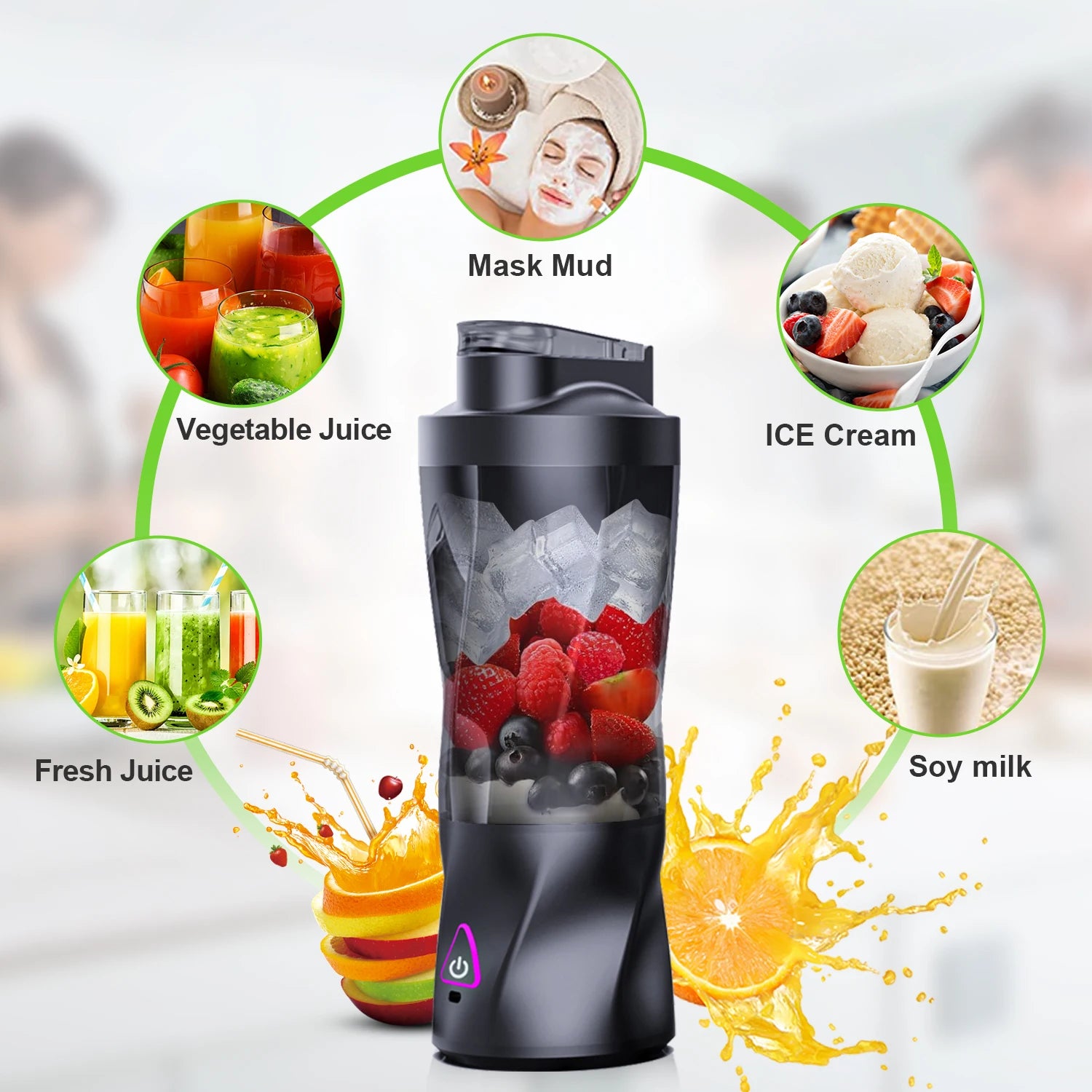 Showlu Smart Portable Electric Juicer Blender with 700ml capacity and 360W motor, shown with fruit and blending in action.