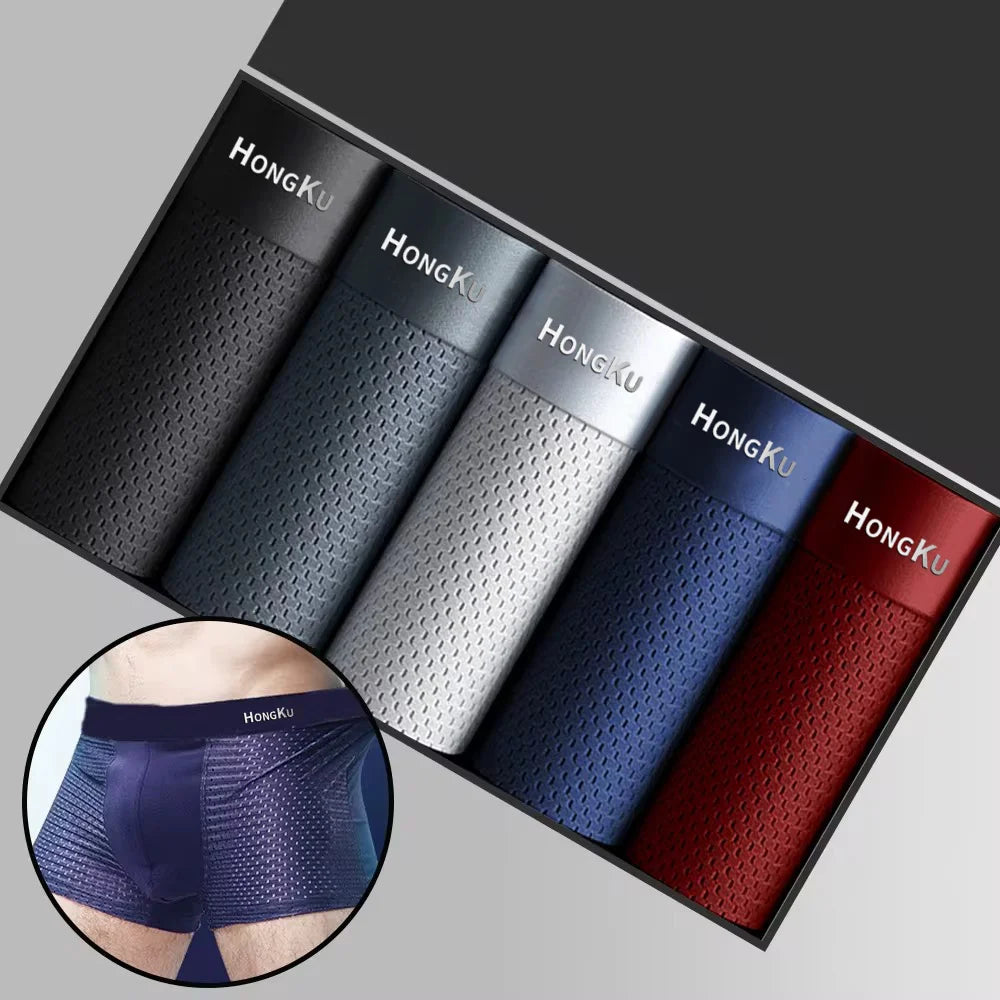 Showlu men's breathable boxer shorts in solid polyester spandex, comfortable underwear with a snug fit.