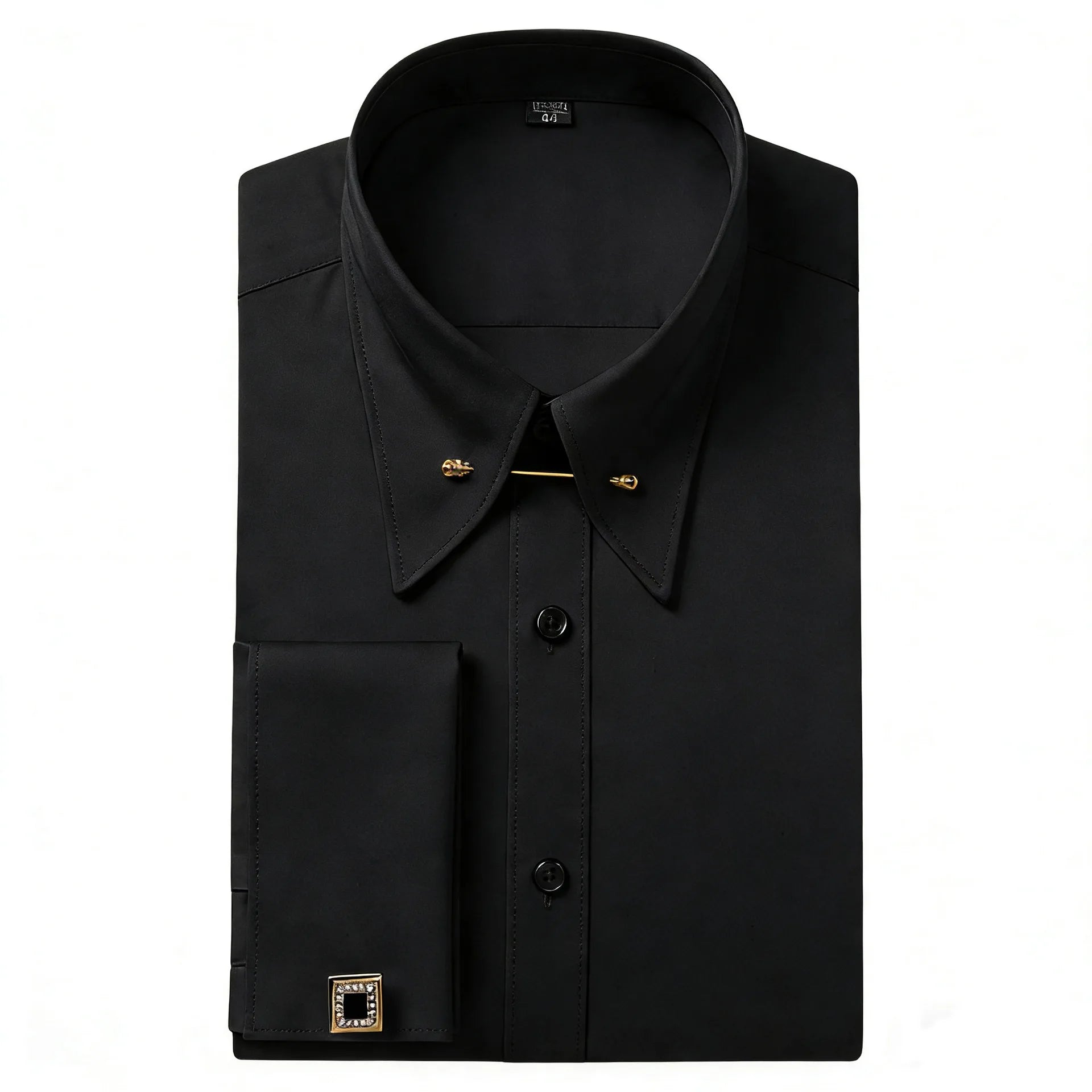 White slim fit men's shirt with empire collar and cufflinks, featuring sharp point design, ideal for casual or business wear.
