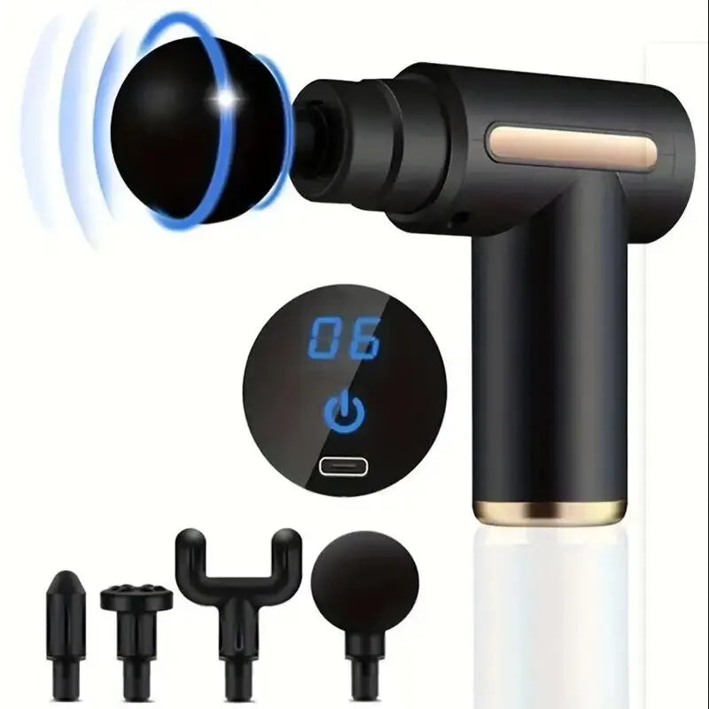 Deep tissue massage gun by Showlu Fashion Store with 6/99 speeds, four massage heads for athlete muscle recovery and body relaxation.