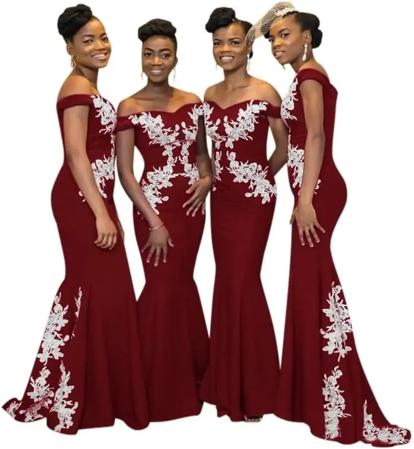 Burgundy JC&STAR off-the-shoulder mermaid satin bridesmaid dress by SHOWLU FASHION STORE, featuring a fitted silhouette and elegant design.