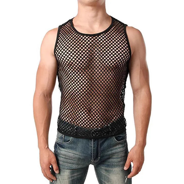 Men's mesh tank top by Showlu Fashion Store, transparent summer sleep vest undershirt with breathable, lightweight mesh fabric.