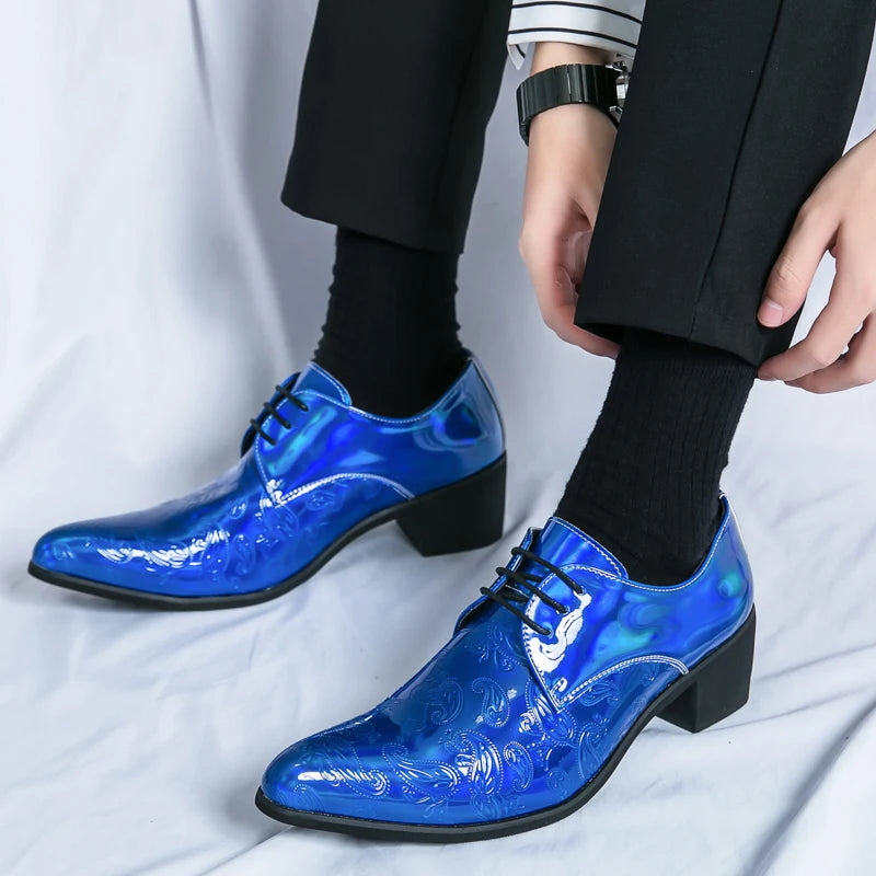 Blue and black men's pointed lace-up dress shoes by Showlu Fashion, suitable for formal events, weddings, and prom.