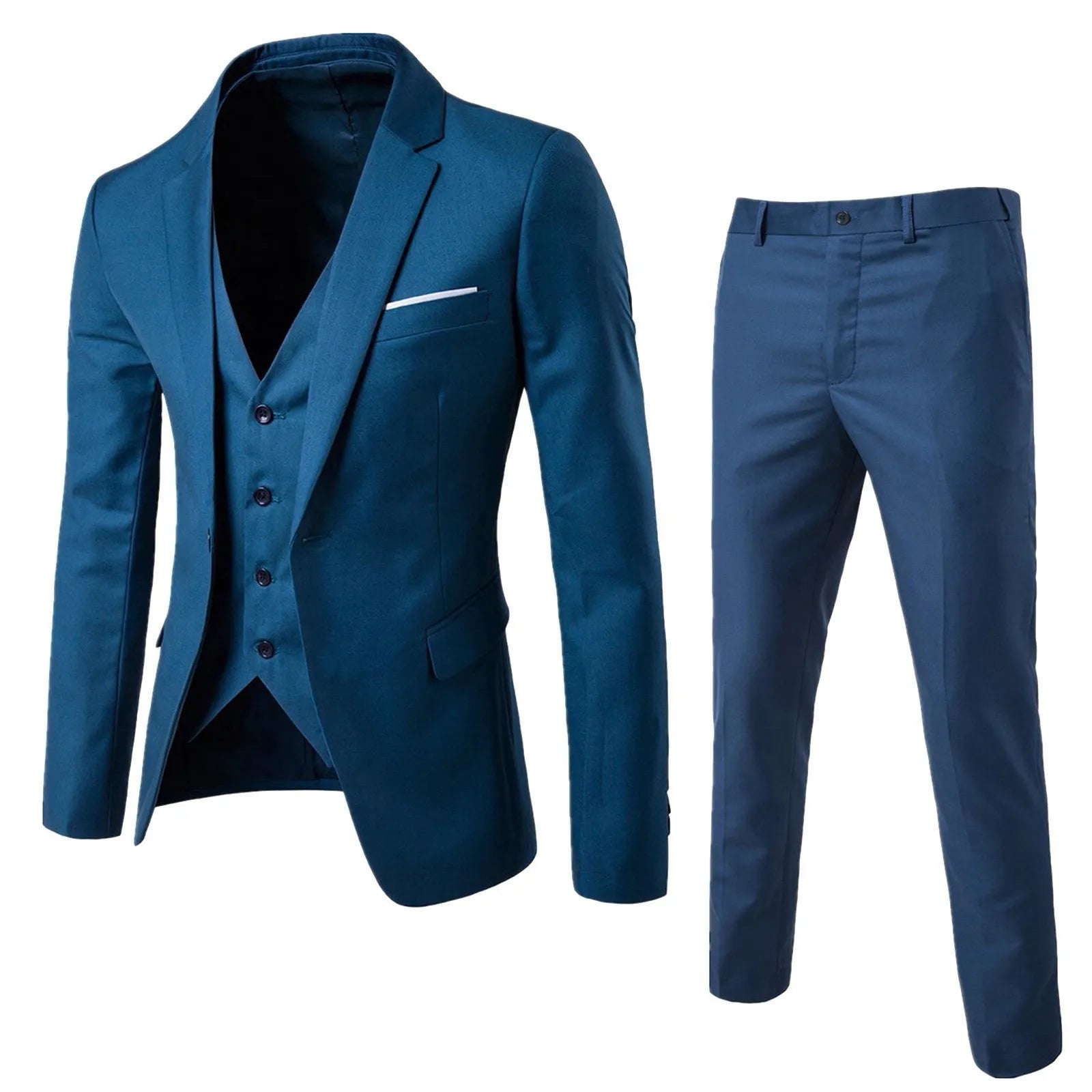 Showlu Men's 3-piece slim fit business suit in solid cotton blend, featuring blazer, dress shirt, and matching trousers.
