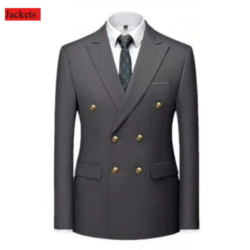 Men's black double-breasted slim fit suit with gold buttons, ideal for wedding, party, or prom, shown from the front.