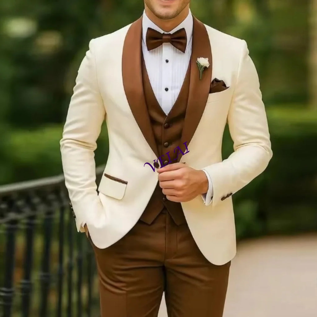 White and brown formal men's suit by Showlu Fashion, featuring blazer, vest, and pants for wedding, prom, or business occasions.