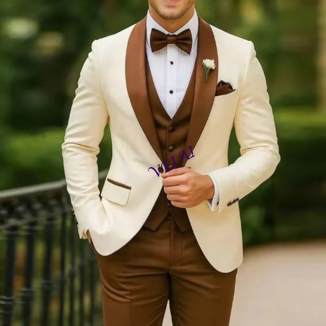 White and brown formal men's suit by Showlu Fashion, featuring blazer, vest, and pants for wedding, prom, or business occasions.