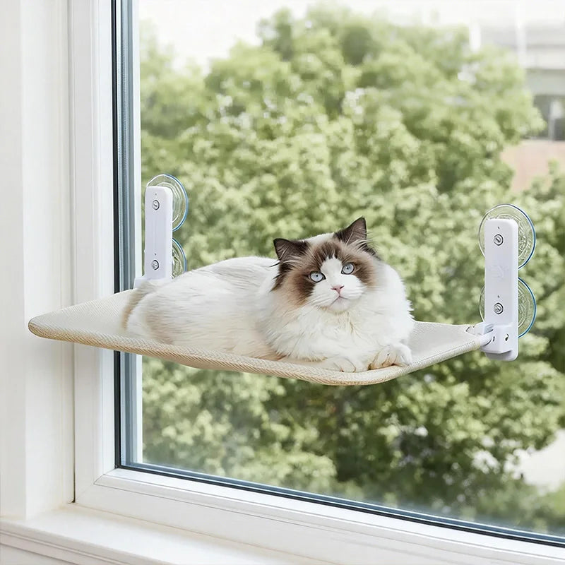Showlu Metal Cat Window Perch with suction cups, supports up to 15kg, designed for pet hammocks and window lounging.