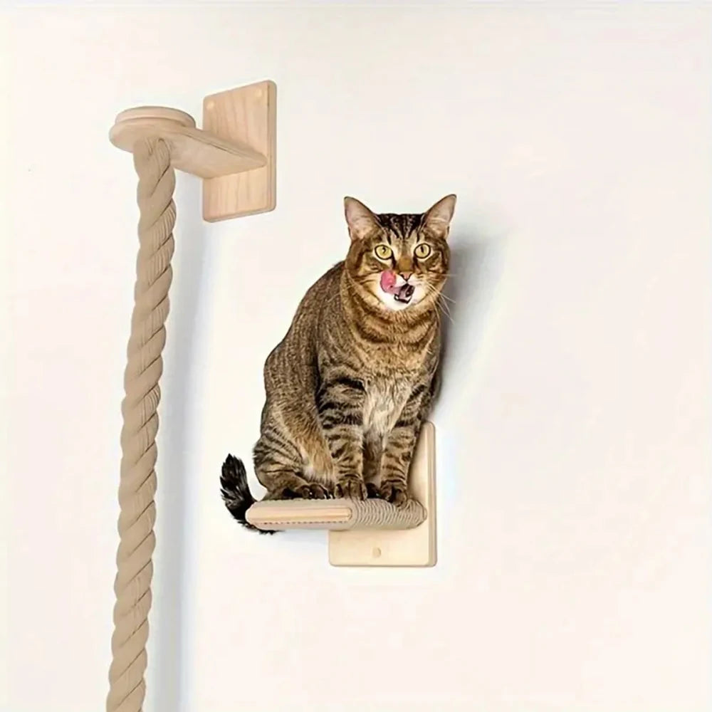 Wall-mounted cat climbing rope and wooden sisal scratching post by Showlu Fashion Store, with a natural wood finish and textured sisal surface.