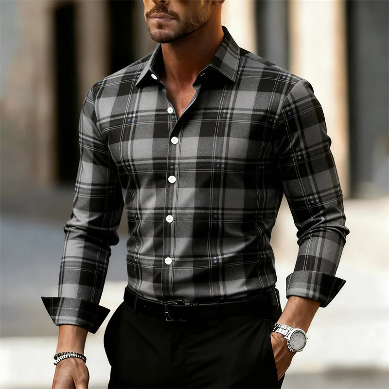 Men's plaid casual street style long-sleeved shirt in large sizes, outdoor daily wear, featuring a fashionable design and comfortable fit.