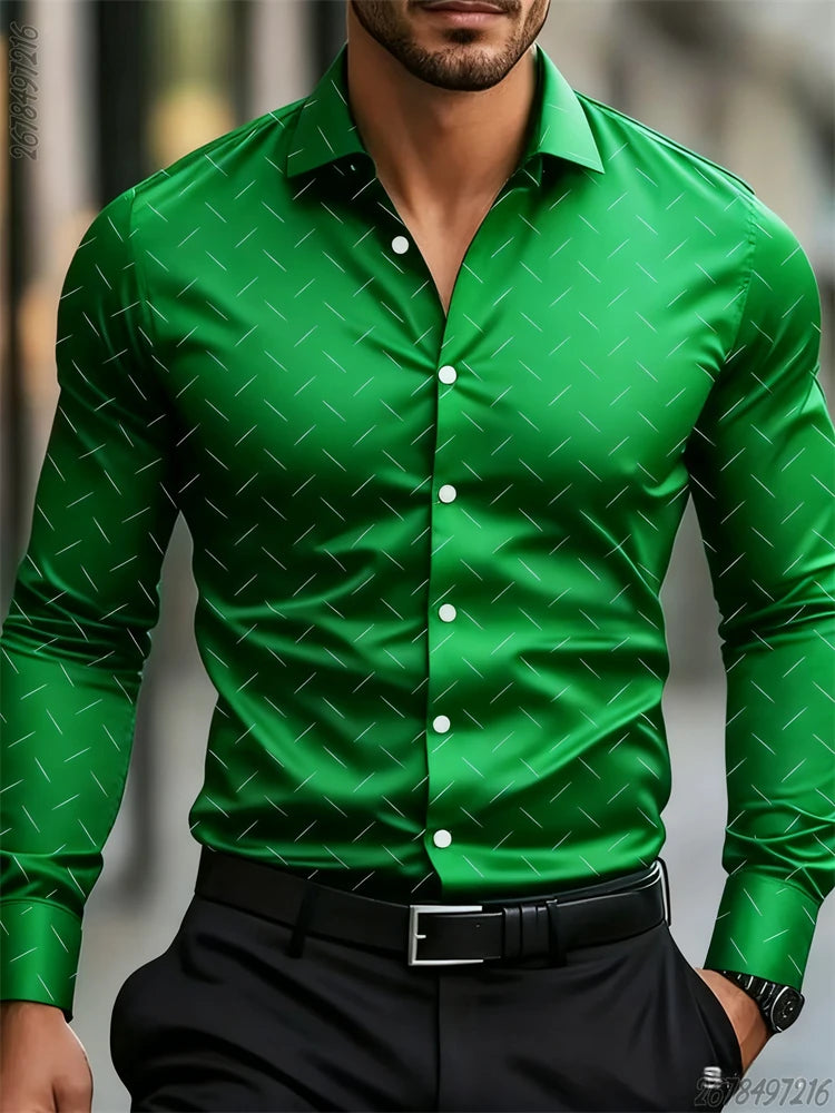 Men's long-sleeved geometric pattern shirt in 17 colors, stylish business casual top by Showlu Fashion, non-iron and comfortable.