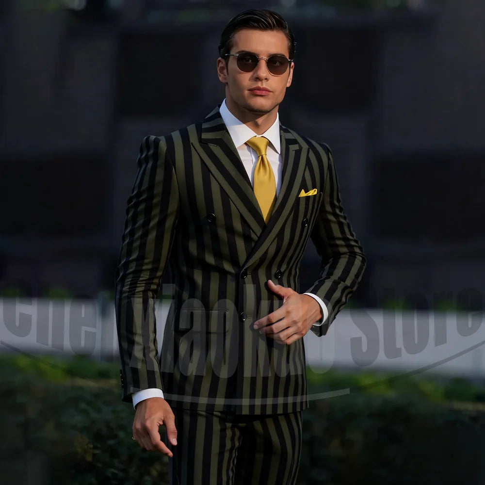 Stylish two-tone striped men's suit by Showlu Fashion, featuring double-breasted blazer and matching tailored pants for formal or casual wear
