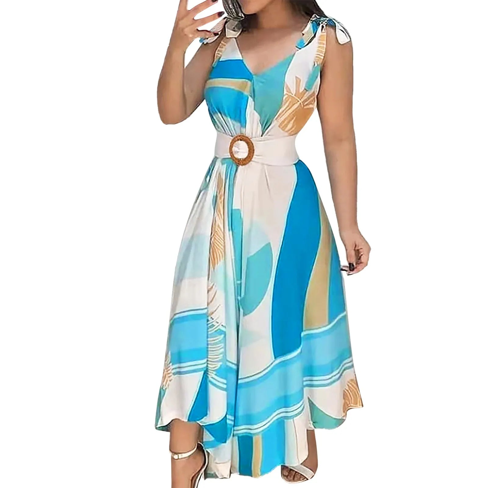 Women's floral sleeveless maxi beach dress with belt by ZOMAXIUJEE, featuring a vibrant floral pattern and flowing design.