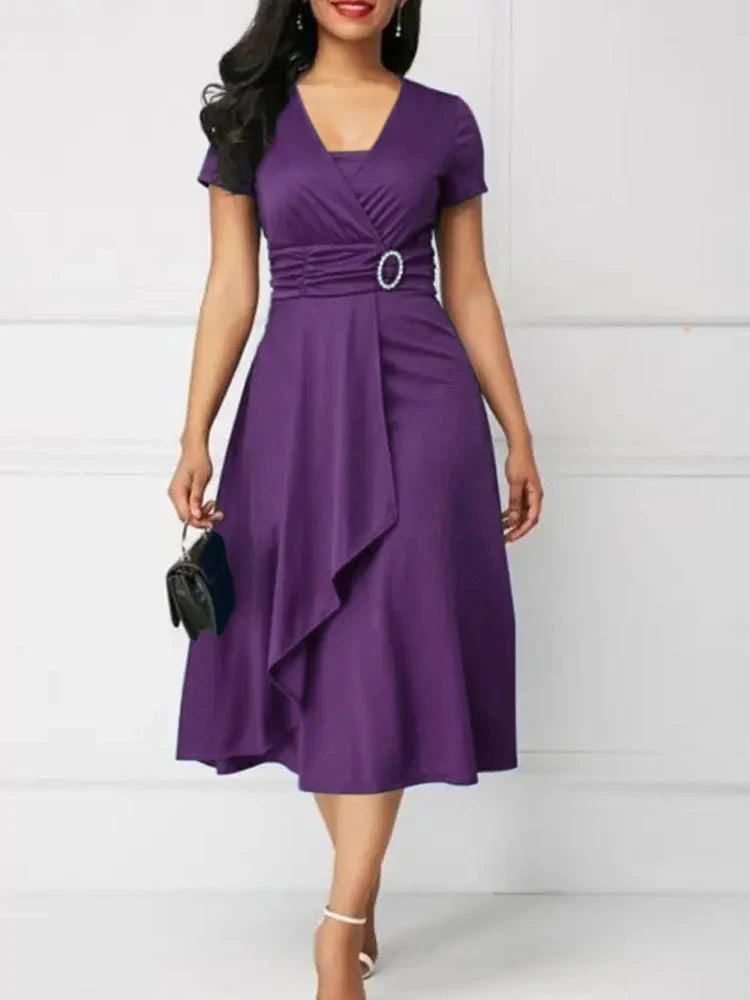Ehuanhood women's V-neck chiffon midi dress in solid color with A-line silhouette, perfect for parties, by SHOWLU FASHION STORE