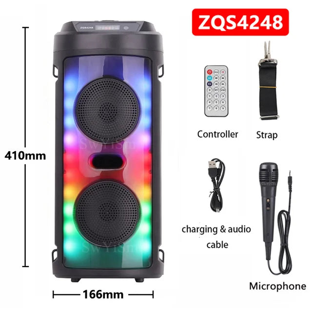 Portable Bluetooth speaker by MouZYuan with 30W power, HiFi sound, wireless subwoofer, and LED lights, in black color.
