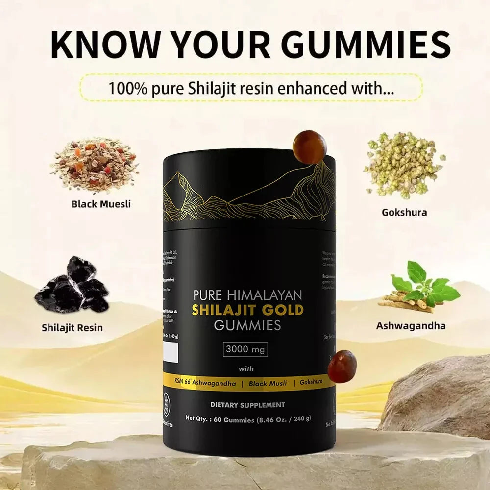 Himalayan Shilajit gummies by SHOWLU FASHION STORE with ashwagandha and gokshura on a white background