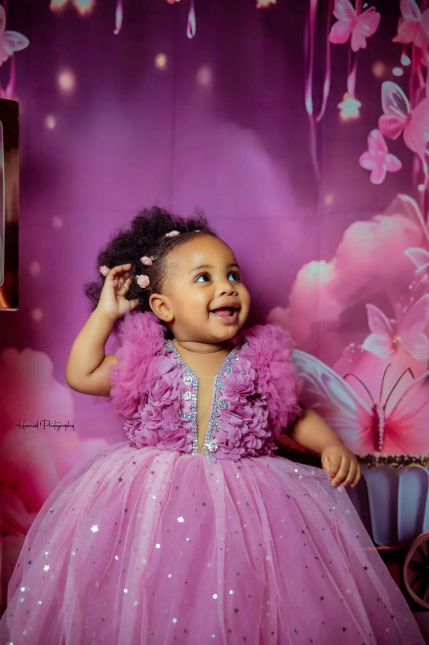 Dusty Pink Girls Birthday Party Dress Customized Tulle Flower Girl Dresses Short Sleeve Princess Queen Ball Gown for Photoshoot