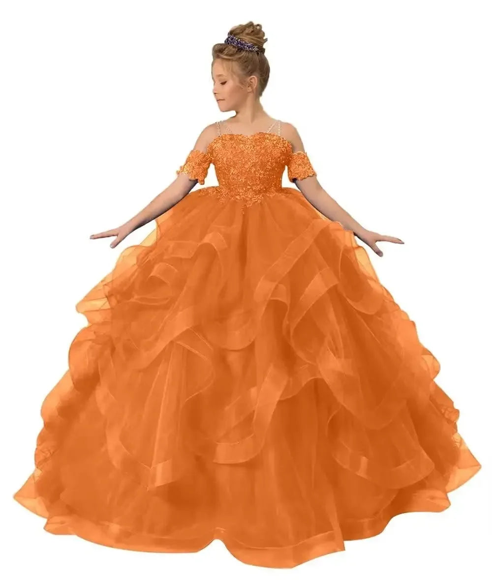 Off-shoulder tulle ball gown with floral appliques for kids, Gdybao Flower Girl Dress by Showlu Fashion Store.