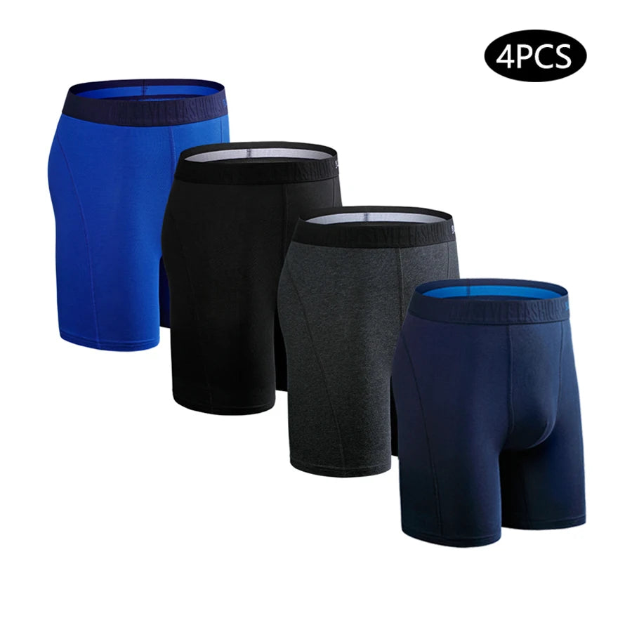 Men's long leg boxer shorts by SRBONITOS, cotton plus size trunks, 4-pack, showing various colors and comfortable fit