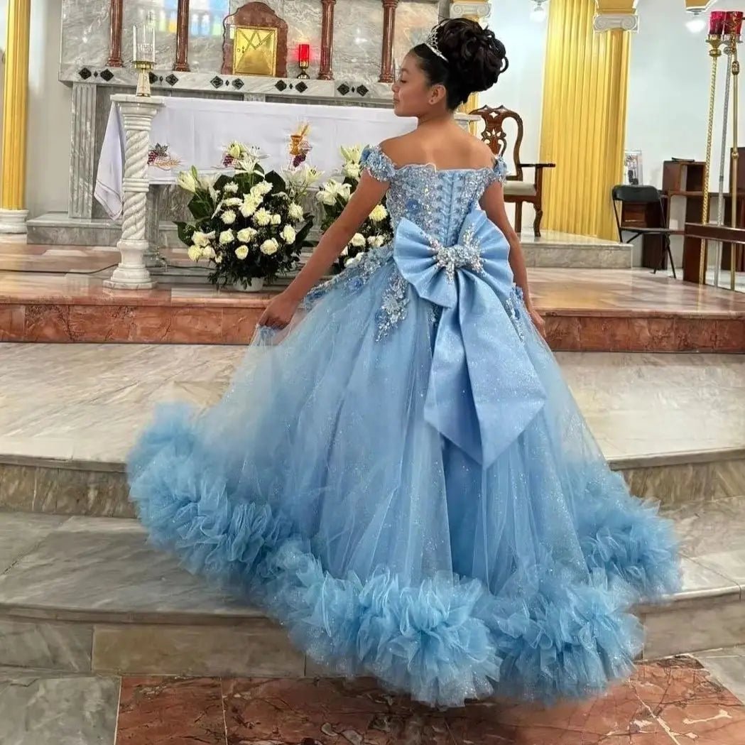 Customized Off Shoulder Flower Girl Dress for Wedding with Bow Appliqué Tulle Long Kids Birthday Party First Communion Gown